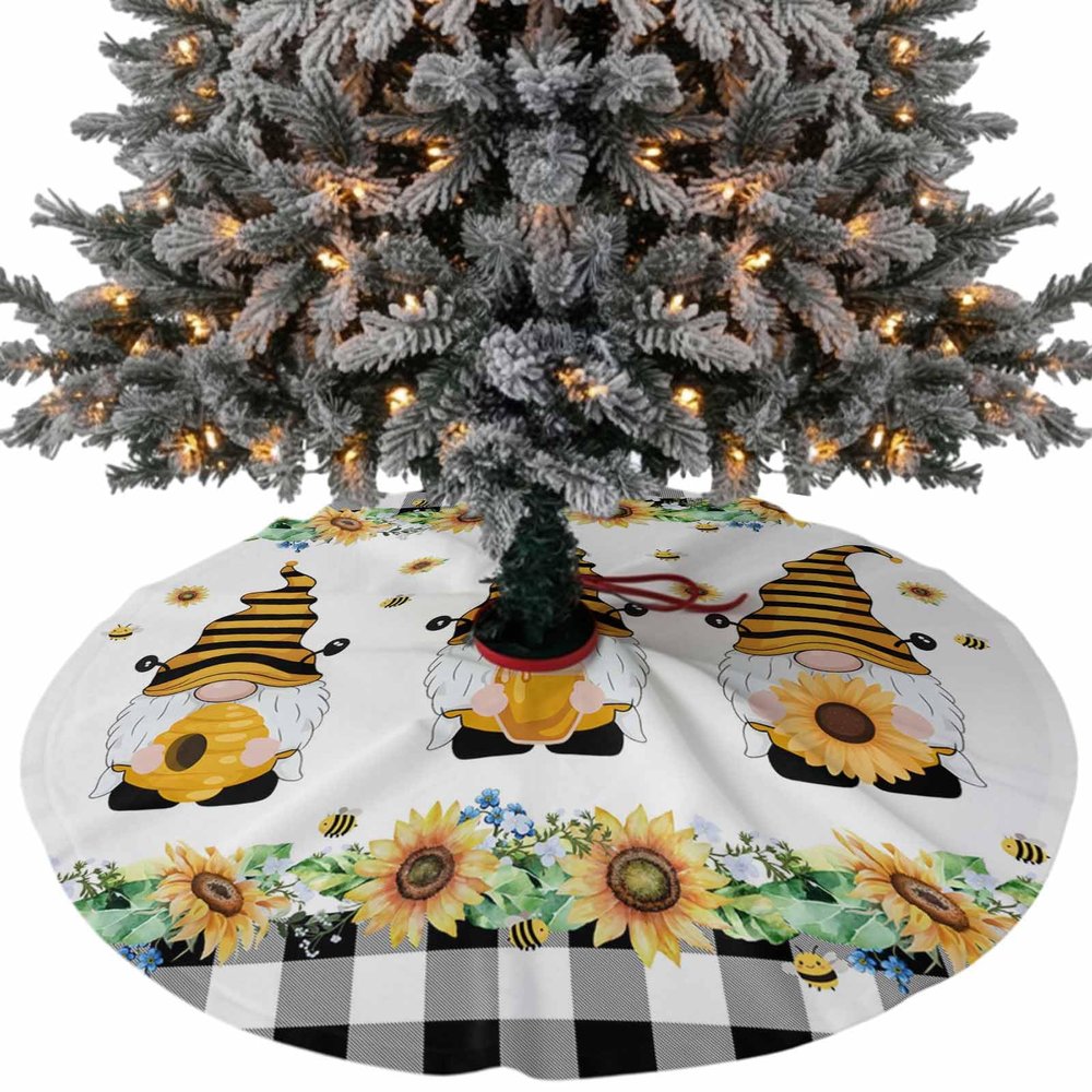 Christmas Tree Skirt, Sunflower Gnomes Christmas Tree Skirts Ornaments Dcor, Black White Plaid Farmhouse Bee Xmas Tree Skirt Mat Decorations for Holiday Party Indoor Outdoor 48 Inch