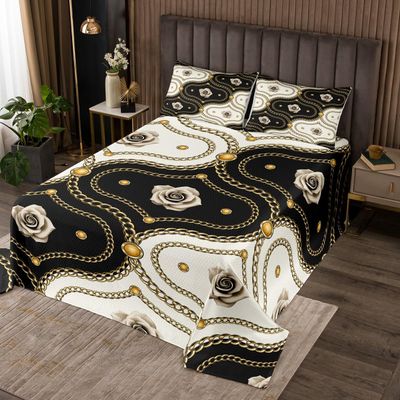 Erosebridal Gold Rose Quilted King Black and White Damask Bedspread,Vintage Floral Luxury Baroque Style Coverlet Set for Girls Women Couple,Soft Microfiber Quilt Set 2 Pillow Cases