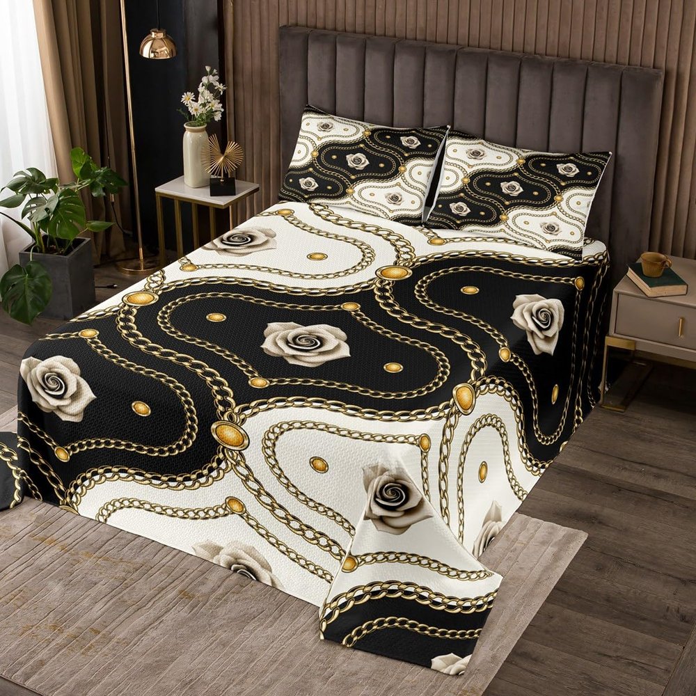 Erosebridal Gold Rose Quilted King Black and White Damask Bedspread,Vintage Floral Luxury Baroque Style Coverlet Set for Girls Women Couple,Soft Microfiber Quilt Set 2 Pillow Cases