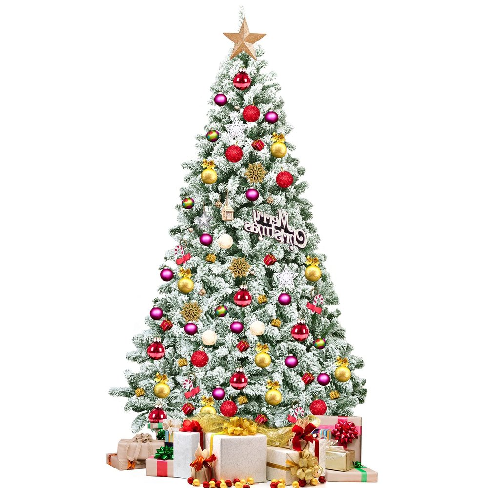 Happygrill 7.5FT Artificial Hinged Christmas Tree Snow Flocked Pine Tree with Solid Metal Stand Festival Xmas Tree for Indoor Outdoor