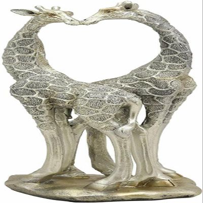 Set of 1 Large Silver Giraffe Heart Lovers Couple Statue 12.5" H