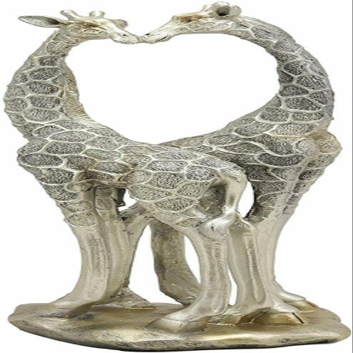 Set of 1 Large Silver Giraffe Heart Lovers Couple Statue 12.5" H
