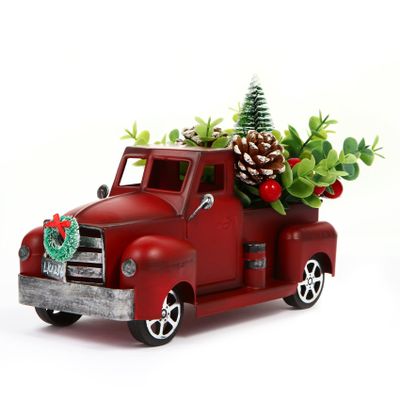 fztksmart Red Farm Truck Christmas Centerpiece,Vintage Metal Truck Decor Christmas Decoration with Mini Christmas Trees, Pinecones, Berries Ornaments Table Top Decoration