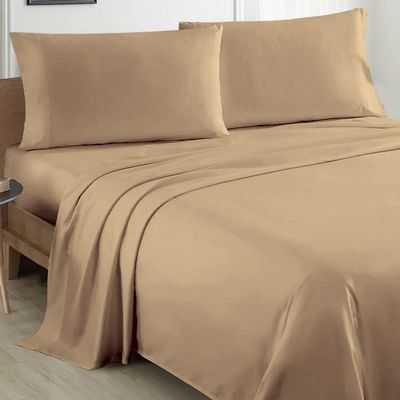 100% Organic Cotton Sheet Set 4 Piece- Queen - 60" X 80"- Taupe Solid 400 Thread Count Sheets with All-Around Elastic for Fitted Sheet Upto 18''- 20'' Inch Deep Pocket