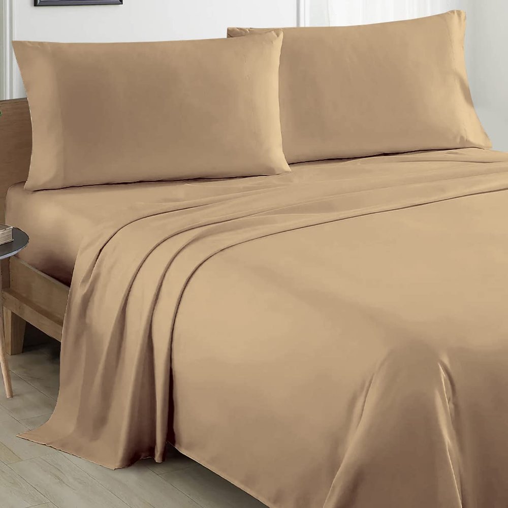 100% Organic Cotton Sheet Set 4 Piece- Queen - 60" X 80"- Taupe Solid 400 Thread Count Sheets with All-Around Elastic for Fitted Sheet Upto 18''- 20'' Inch Deep Pocket
