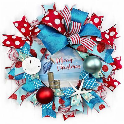 Coastal, Beach, Nautical Pelican Christmas Wreath with Ball Ornaments, Beautiful Ribbon, Blu, Red & White Plaid Fabric Mesh, Bow