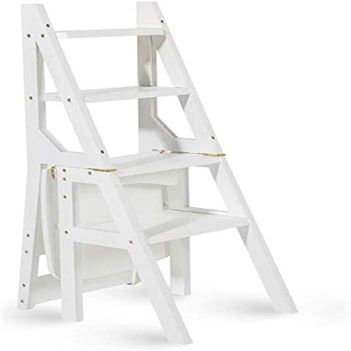 Wooden Step Stool Ladder 4 Tread Transforming Fold Up Stepstool Backrest Chair for Kids & Adults, Home Garden Tool (White)