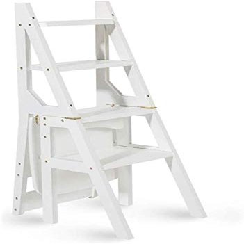 Wooden Step Stool Ladder 4 Tread Transforming Fold Up Stepstool Backrest Chair for Kids & Adults, Home Garden Tool (White)