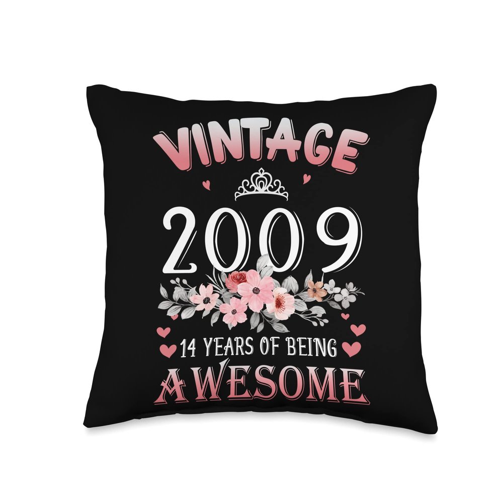 14 Year Old Made In Vintage 2009 14th Flowers Birthday Gifts Throw Pillow