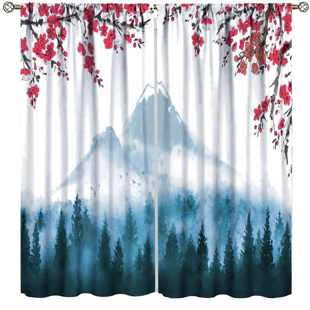 Cherry Blossom Curtains,Japan Fuji Mountain Forest Red Cherry Blossom Curtains Bedroom Living Room Kitchen Blackout Decorative Curtains 42x45 Inch