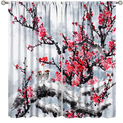 Cherry Blossom Curtains,Red Japanese Cherry Blossom Chinese Oriental Flower Tree Branches Traditional Ink Painting Cherry Blossom Curtains Bedroom Living Room Kitchen 42x45 Inch
