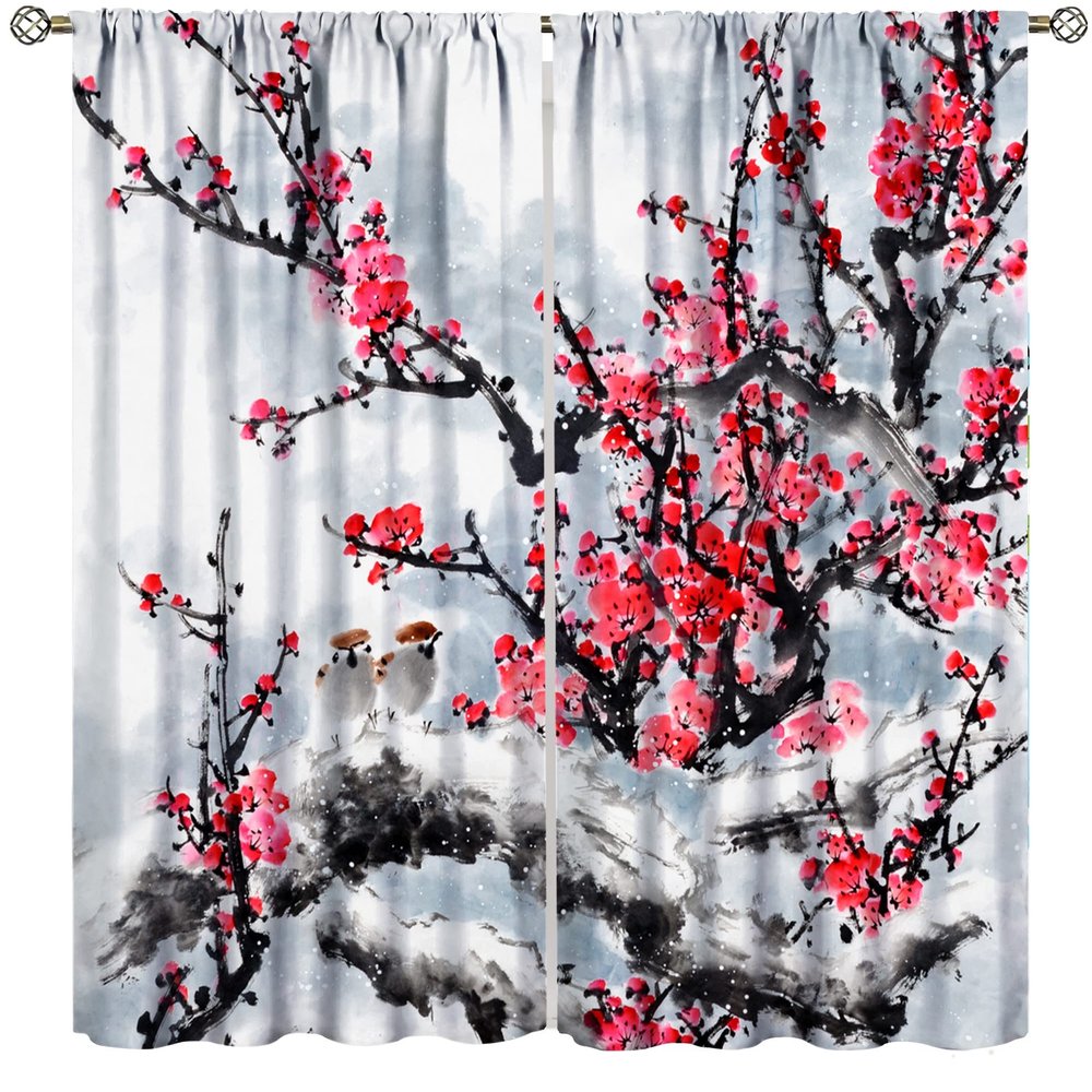 Cherry Blossom Curtains,Red Japanese Cherry Blossom Chinese Oriental Flower Tree Branches Traditional Ink Painting Cherry Blossom Curtains Bedroom Living Room Kitchen 42x45 Inch