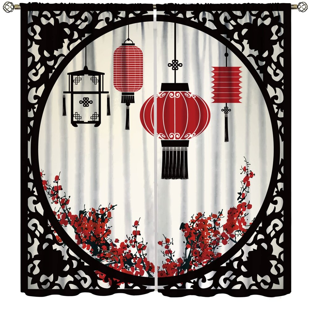 Asian Decor Curtain, Red Lantern Cherry Blossom New Year Chinese Decorative Bedroom Living Room Kitchen 42x45 Inch