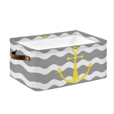 Large Storage Baskets Bins Yellow Anchor Rippled Wavy Collapsible Storage Box Laundry Organizer for Closet Shelf Nursery Kids Bedroom Grey White