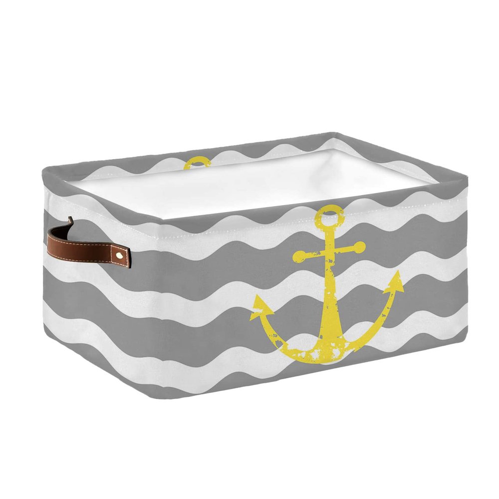 Large Storage Baskets Bins Yellow Anchor Rippled Wavy Collapsible Storage Box Laundry Organizer for Closet Shelf Nursery Kids Bedroom Grey White