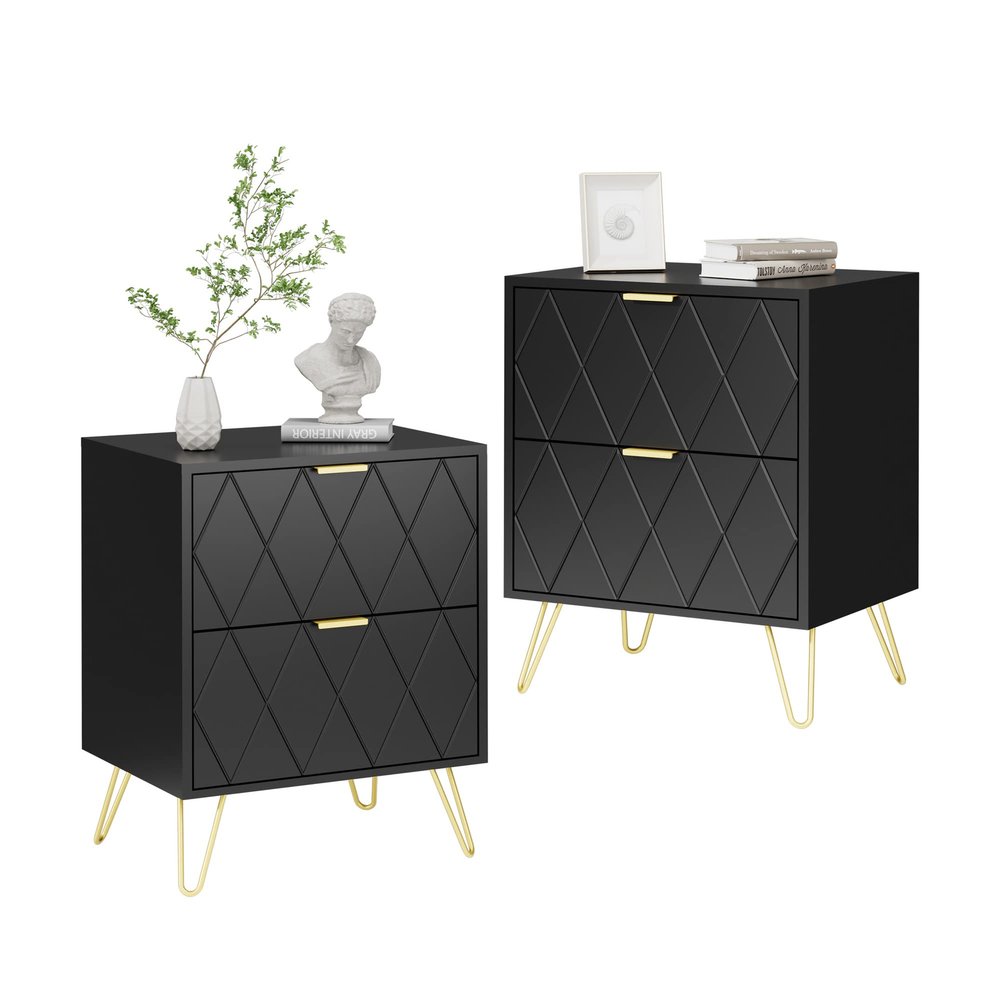 Anbuy Black Nightstand Set of 2 with Gold Handle, Bedside Table with 2 Drawers, Night Stands Set of 2 Gold Legs for Bedroom Living Room