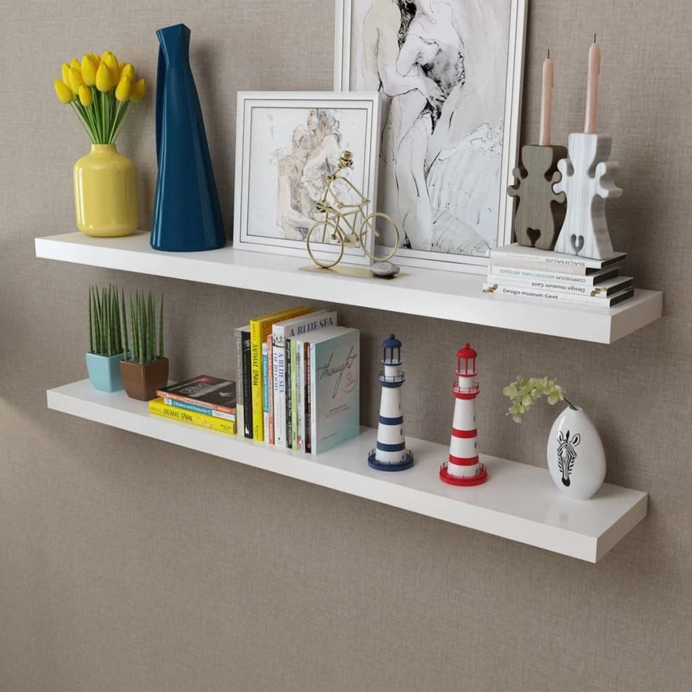2 White MDF Floating Wall Display Shelves Book/DVD Storage,Floating Shelf,Wall Decoration,Storage Display Shelf,Shelves,for Living Room,Bathroom,Office
