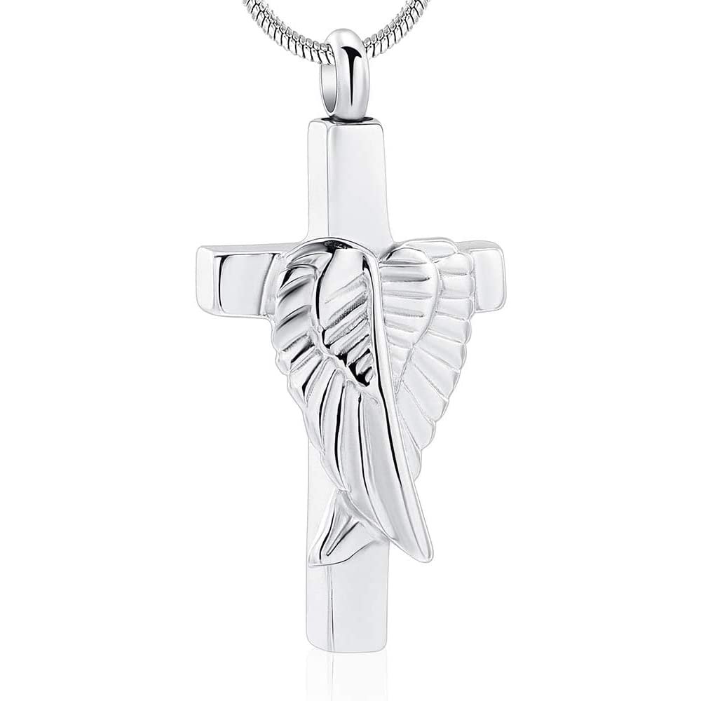 SHEIL Cremation Necklace Angel Wings Cross Urn Pendant Memorial Ashes Keepsake Urn Jewelry - Memorial Ash Keepsake,2