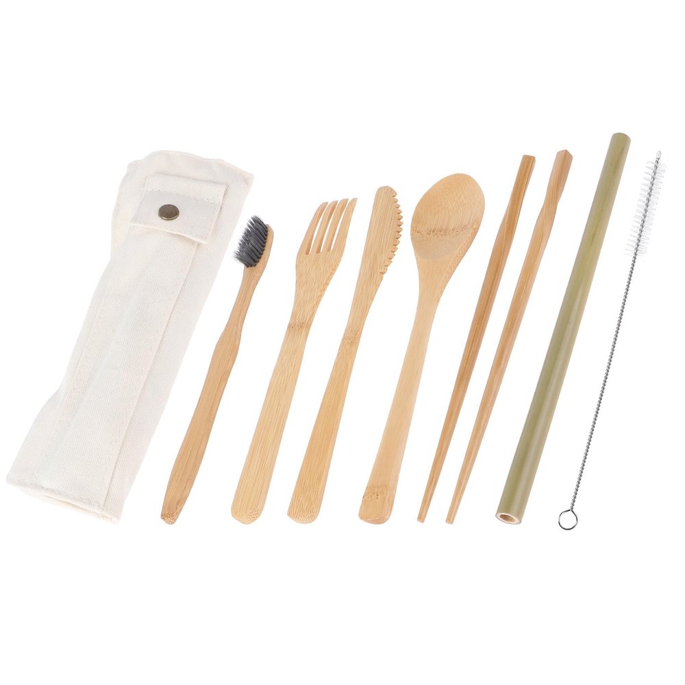 Healifty 1set Reusable Cutlery Tableware Cloth Bag Portable Utensils for Travel Includes Fork Spoon Chopsticks Straw and Brush Beige
