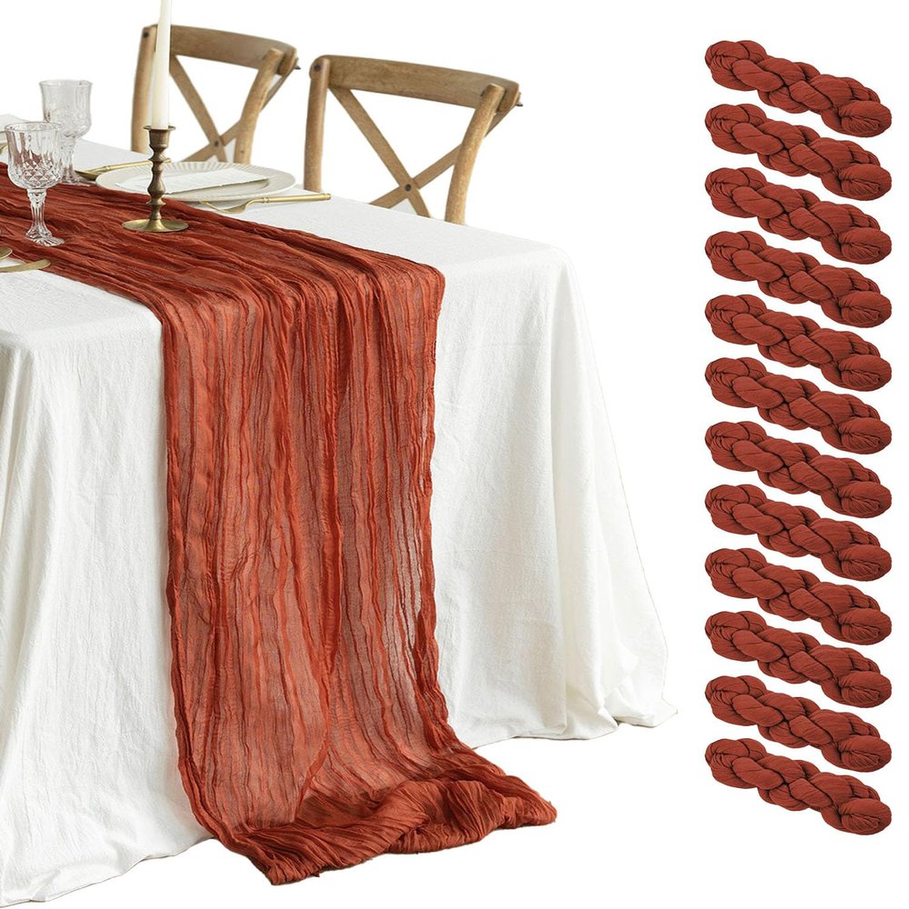 12 Pack Terracotta Cheesecloth Table Runner 10ft Boho Gauze Cheese Cloth Table Runner Rustic Sheer Runner 120 inch Long for Christmas Wedding Bridal Baby Shower Birthday Table Decorations