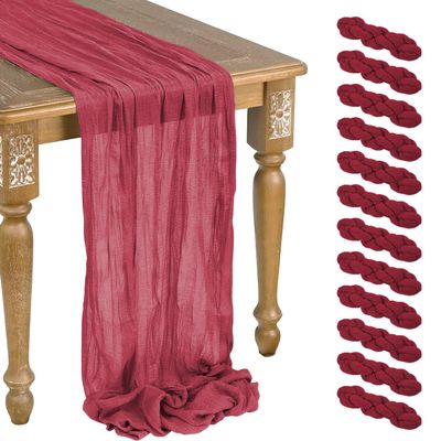 12 Pack Burgundy Cheesecloth Table Runner 10ft Boho Gauze Cheese Cloth Table Runner Rustic Sheer Runner 120 inch Long for Christmas Wedding Table Decorations