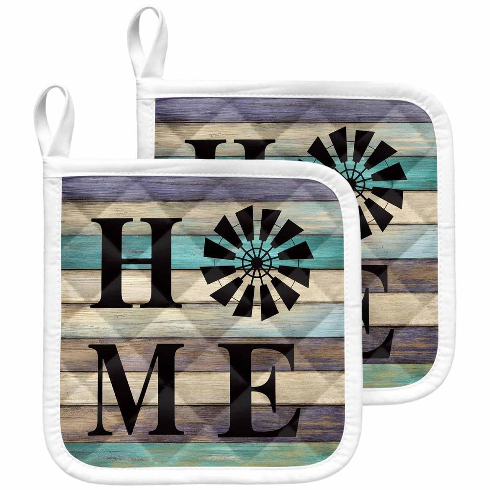 2 Pack Pot Holders for Kitchen,Home Text with Windmill Heat Proof Potholder Hot Pads Trivet,Farmhouse Wood Grain Vintage Planks Washable Coaster Potholders for Cooking Baking Grilling