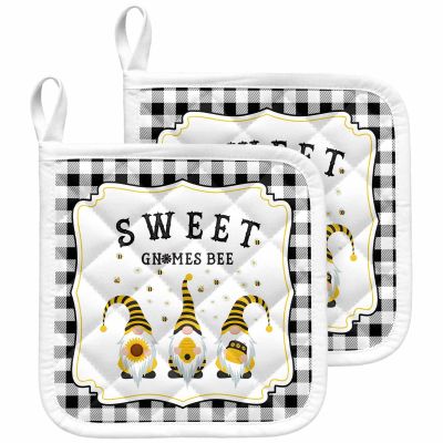 2 Pack Pot Holders for Kitchen,Idyllic Bee Gnome Daisy Bumblebee Black Plaid Heat Proof Potholder Hot Pads Trivet,Summer Floral Stripe Honey Washable Coaster Potholders for Cooking Baking Grilling
