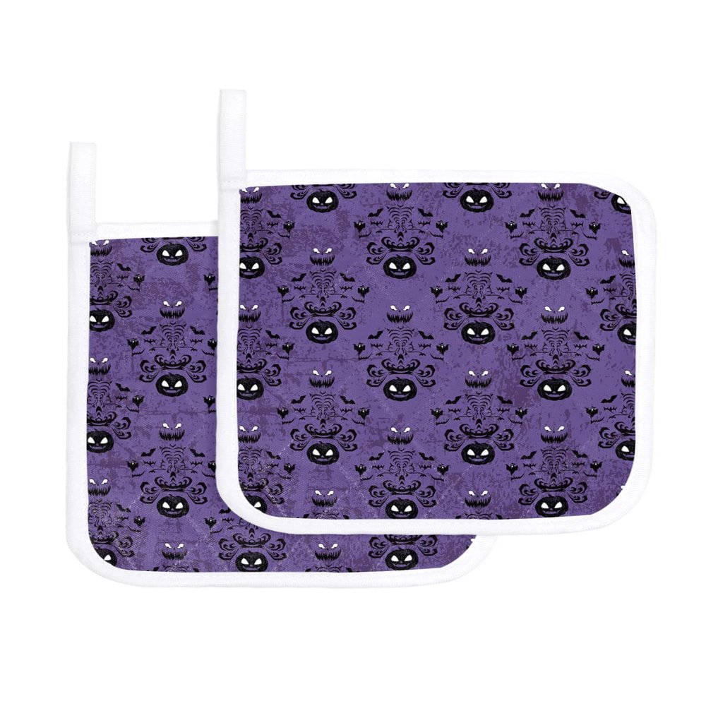 2 Pack Pot Holders for Kitchen,Halloween Haunted Black Pumpkins Bat Purple Back Heat Proof Potholder Hot Pads Trivet,Scary Ghost Washable Coaster Potholders for Cooking Baking Grilling