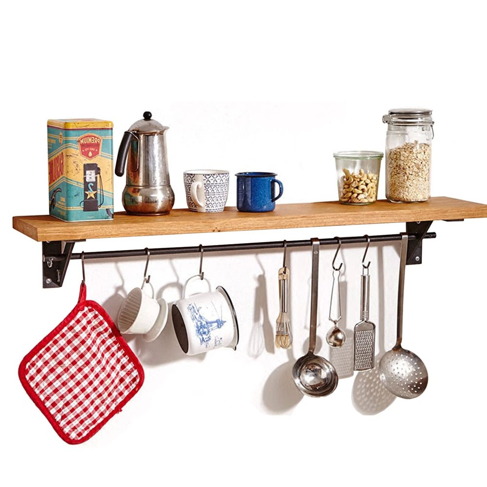 Floating Shelves for Kitchen Spice Storage Hanging Pot & Pan RackWood Wall Mount Shelf With Rails And Hooks, for Bedroom, Living Room, Bathroom, Hanger Organizer For Utensil ( Size : 100x20x20cm )