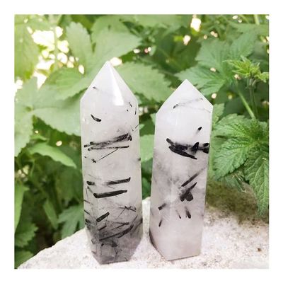 WGPHD Health & Household Natural Black Tourmaline Rutilated Quartz Crystal Point Wand Healing Reiki Stones and Minerals Carving Chakra Decoration