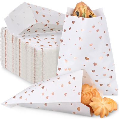 Sepamoon 200 Pcs Rose Gold Heart Printed 5"x 7" Candy Buffet Bags Small Cookie White Bakery Polka Dot Paper Treat Bags for Wedding Birthday Party Packaging