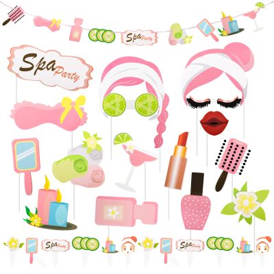 29Pcs Spa Photo Booth Props with Stick Spa Party Decorations Makeup Birthday Party Supplies for Girls Women Makeup Selfie Props