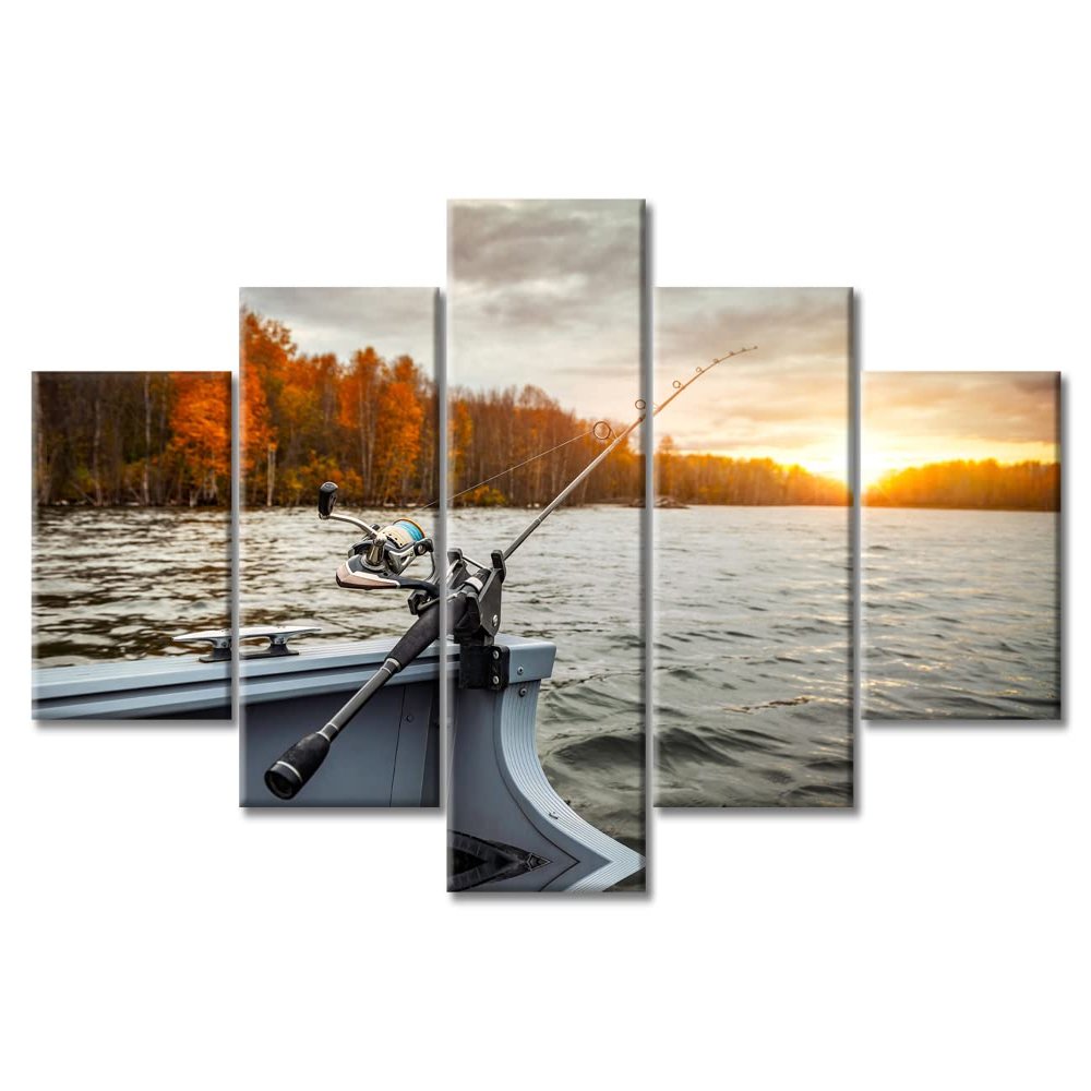 5 Panel Wall Art Fishing Rod Modern Home Decor Fishing Tackle Bathroom Wall Decor Fishing Rod on the Boat Sunset Time Wall Decor Living Room Posters and Prints Framed Ready to Hang (60"Wx32"H)