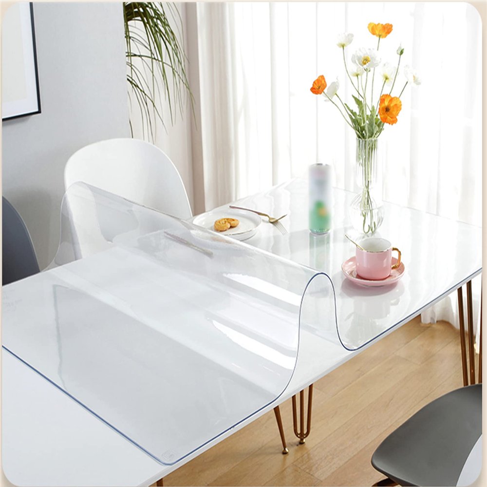 COTTREES Transparent Table Protector,PVC Soft Glass Tablecloth Protector,Oil Proof/Anti Scalding Table Cloth,Table Cover for Tea Table Top,Round Corner,for Office Table,Dresser (35.4x71in)