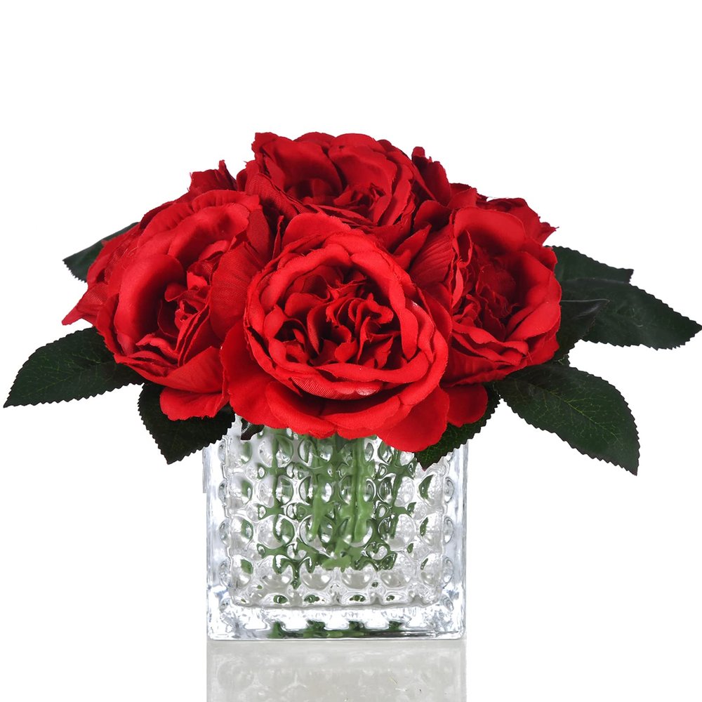 GreenHouzz Artificial Peony Silk Flower Centerpieces Faux Floral Arrangement in Glass Vase for Home Wedding Table Decoration (Red)