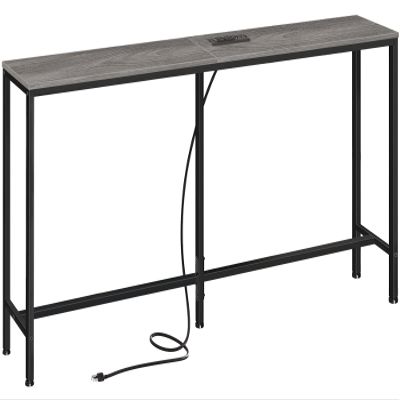 SUPERJARE Console Table with Outlet, 63 Inch Sofa Table with Charging Station, Narrow Hallway Entryway Table, Behind Couch Table Skinny for Entryway, Living Room, Plants, Charcoal Gray