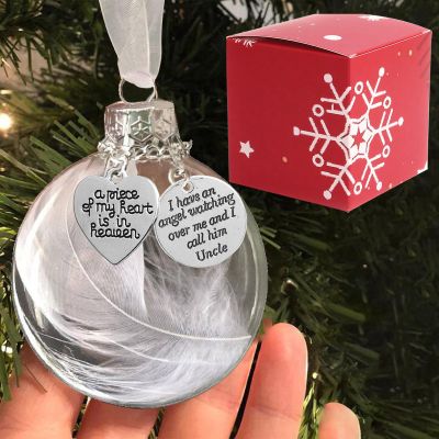Clear Christmas Memorial Ornament Feather Ball, A Piece of My Heart is in Heaven Loss of Loved One Uncle Christmas Tree Hanging Sympathy Gift with Silk Ribbon & Red Gift Box