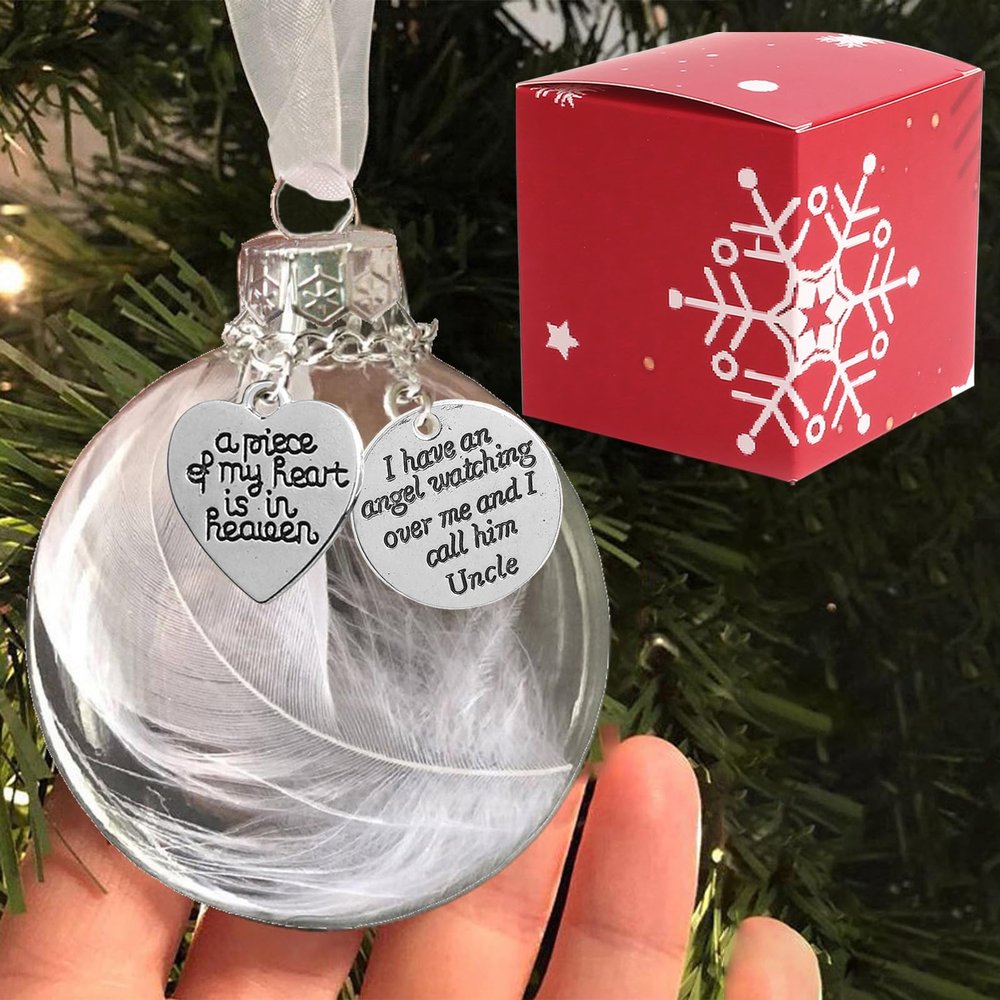 Clear Christmas Memorial Ornament Feather Ball, A Piece of My Heart is in Heaven Loss of Loved One Uncle Christmas Tree Hanging Sympathy Gift with Silk Ribbon & Red Gift Box