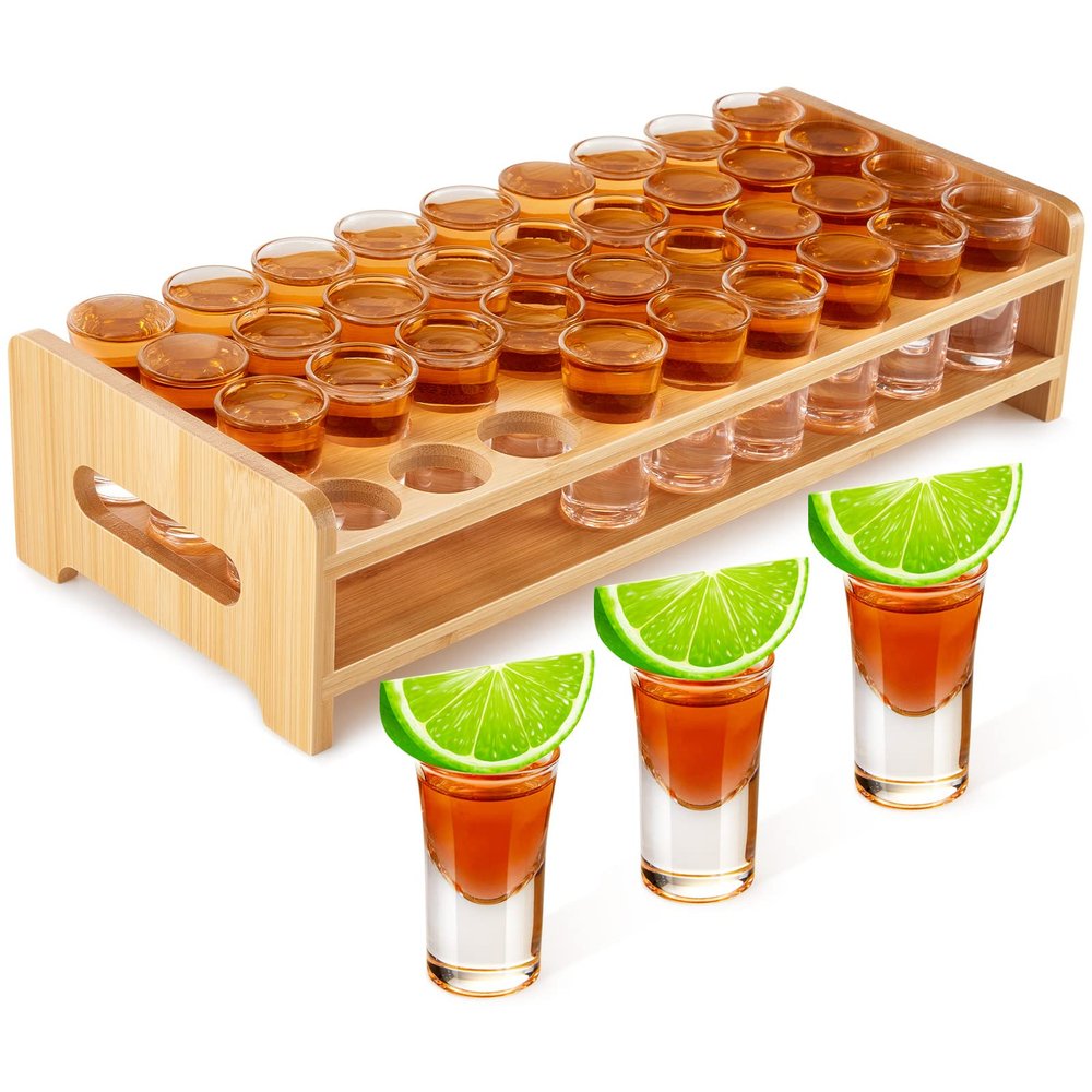 36 Pack 0.5 oz Mini Shot Glasses with 36-hole Wooden Shot Glass Holder Tray - Clear Glass Wine Cups Set for Bars, Shotski Parties, Gatherings & Daily Use