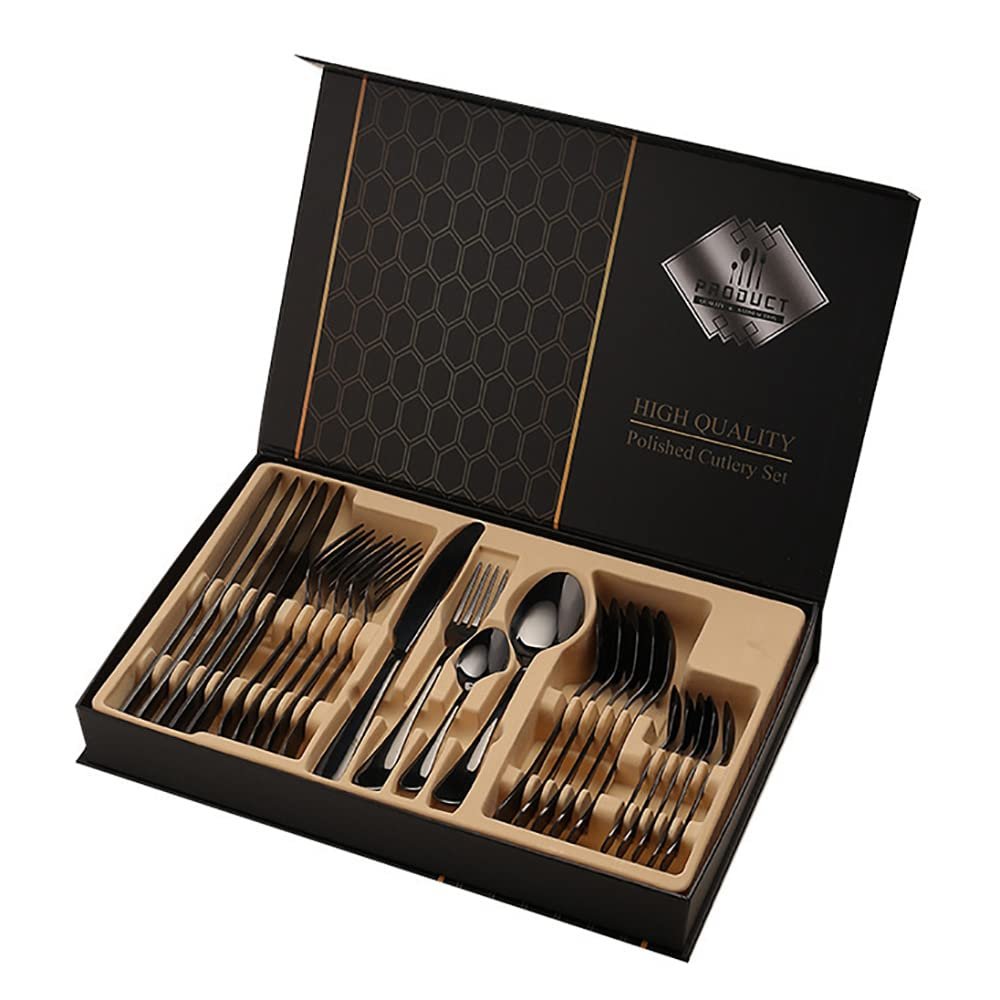 24 Piece Black Silverware Set for 6 Cutlery With Delicate Gift Box Stainless Steel Flatware Set Include Knifes Teaspoons Forks and Spoons Home Kitchen Restaurant Christmas Tableware Utensils Set