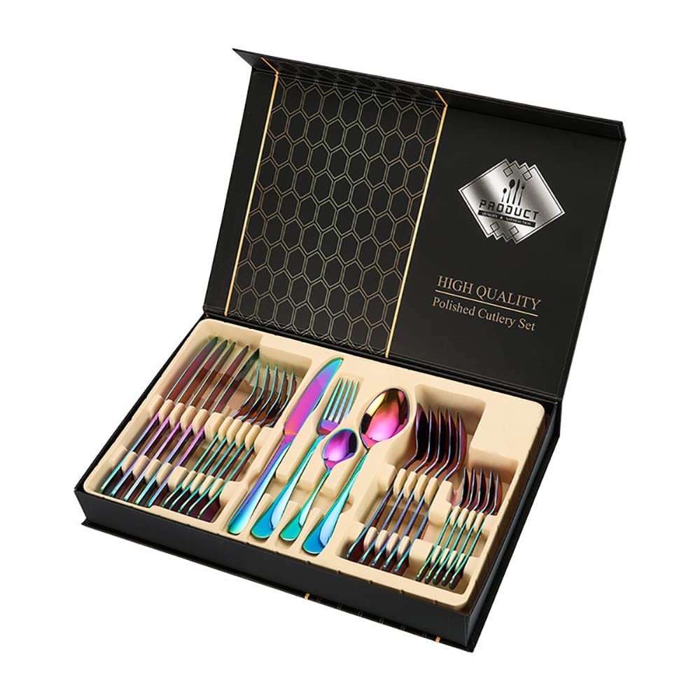 24 Piece Rainbow Silverware Set for 6 Cutlery With Delicate Gift Box Stainless Steel Flatware Set Include Knifes Teaspoons Forks and Spoons Home Kitchen Restaurant Christmas Tableware Utensils Set