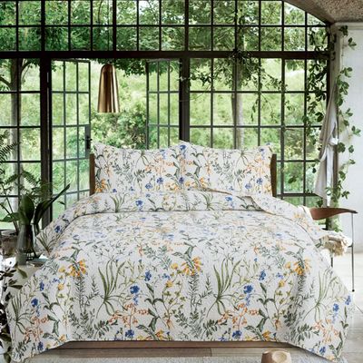3-Piece Quilt Set Queen Size Floral Bedding Reversible Bedspread Coverlet Floral Leaves Bedding Summer Lightweight Yellow Green Flower Quilt Soft Microfiber Home Quilt Coverlet Set