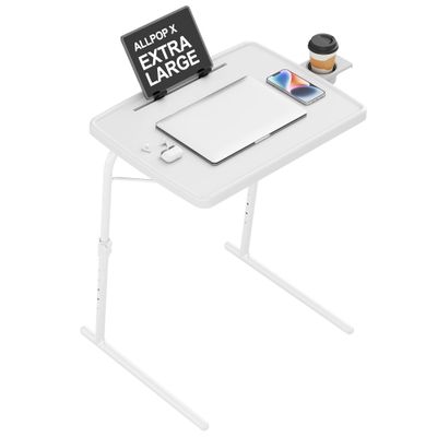 Allpop X TV Tray Table, TV Dinner Tray for Eating, Large Adjustable Folding Laptop Table with Book Stand, Cup Holder & Tablet Slot on Couch & Bed with 6 Heights & 3 Tilt Angles, White