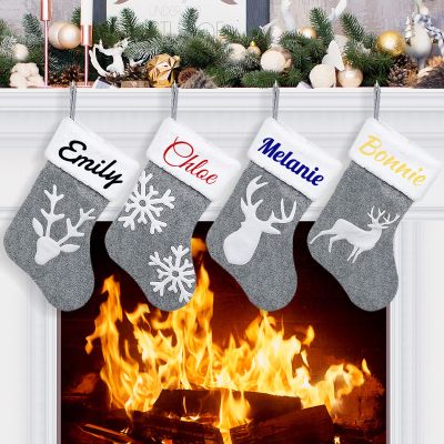 DegGod 6 Pack Personalized Christmas Stockings with White Plush Cuff, Gray Custom Xmas Stocking with 3 Style Elks Snowflakes Hanging Ornament for Fireplace Xmas Tree Party Decoration