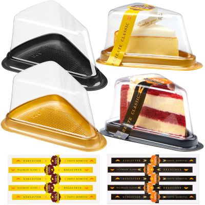 200 Pack Cake Slice Containers Clear Cheesecake Container Plastic Disposable Mini Pie Container with Lid Individual Cake Slice Boxes Small Triangular Pie Box with Stickers for Cupcake Packaging