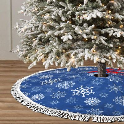 Christmas Tree Skirt 48" Holiday Party Christmas Blue Snowflakes Pattern Xmas Tree Skirt Home Decor Round Christmas Tree Mat Indoor Outdoor New Year Decorations