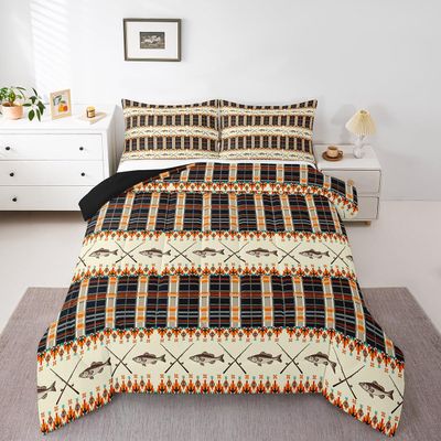 Erosebridal Fishing Themed Rustic Cabin Bedding Set Full Farmhouse Lodge Comforter Set Southwestern Buffalo Plaid Check Comforter Fishing Rod River Fishes Bed Quilt Set with 2 Pillow Cases Brown