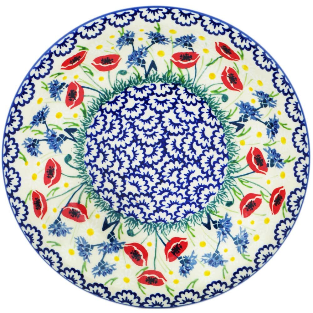 Polmedia Polish Pottery Pasta Bowl 9-inch UNIKAT - Poppies And Cornflowers Pattern Handmade in Boleslawiec Poland + Certificate of Authenticity