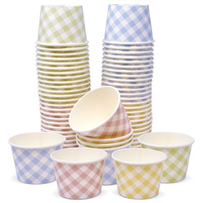 Pastel Gingham Ice Cream Cups 60 Count, 10 oz Disposable Paper Dessert Bowls for Baby Shower Birthday Party Supplies