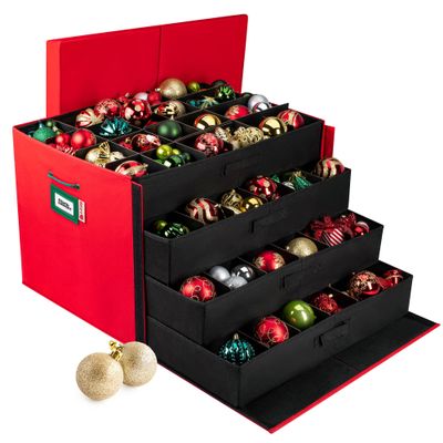 HOLDN STORAGE Christmas Ornament Storage Box with Dividers, Stores Ornaments up to 96 of 3 Inch Large Christmas Ball Storage Containers with 4 Trays - Red